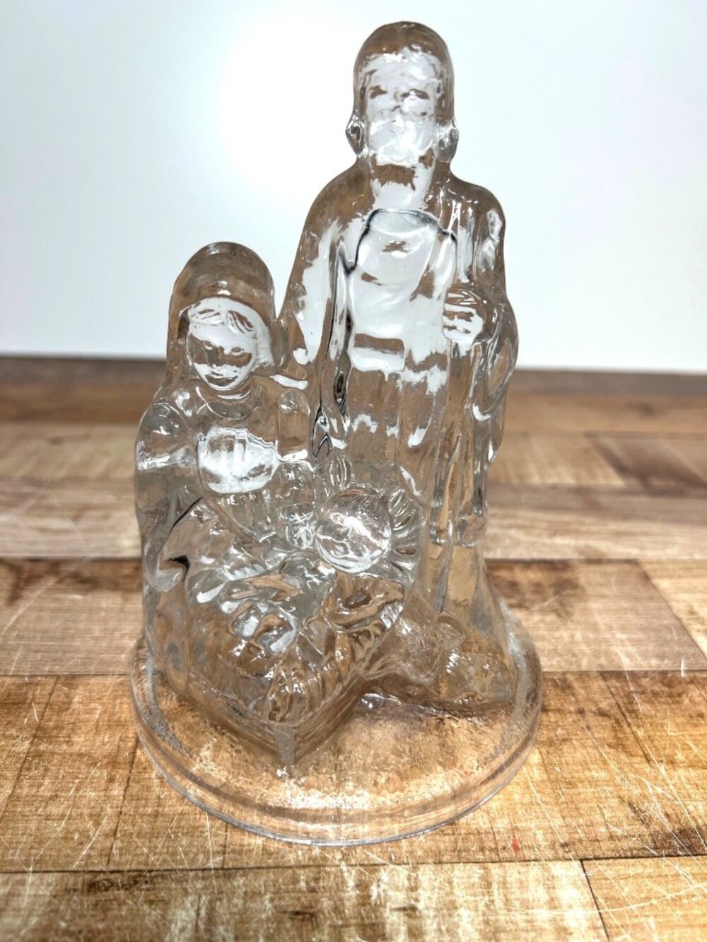 Clear Glass Nativity Scene Candle Holder Figurine Featuring Holy Family